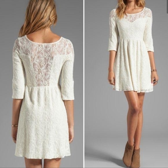 Free People Shake It Up Dress Mini 3/4 Sleeve  Lace Flowy Lined Ivory Cream M - Picture 1 of 14